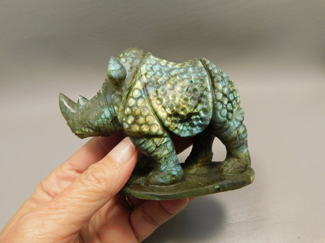 Rhinoceros Figurine Labradorite Hand Carved Stone Animal #O115