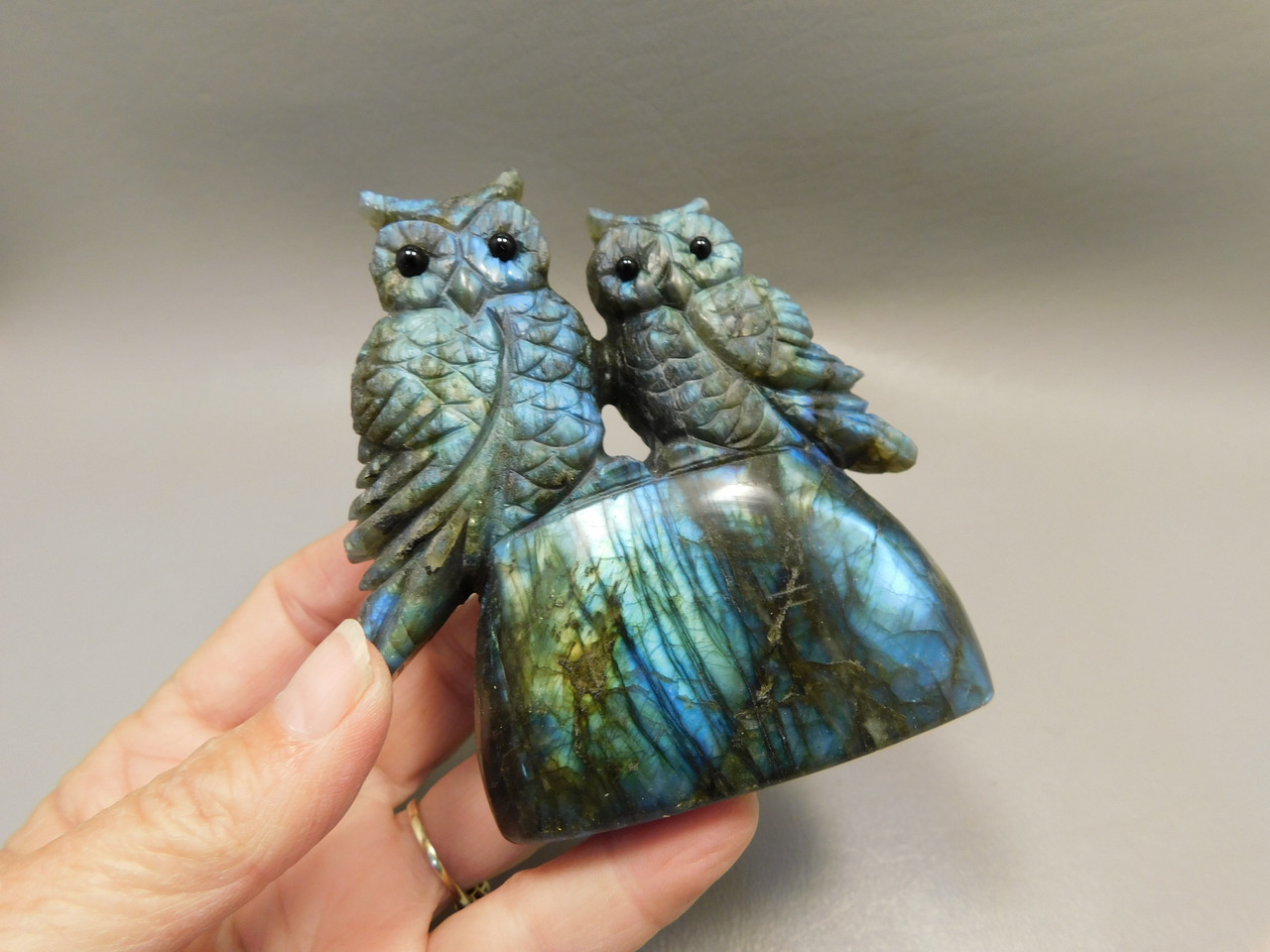 Owl Figurine Labradorite 2 Owls 3.5 inch Animal Carving #O361