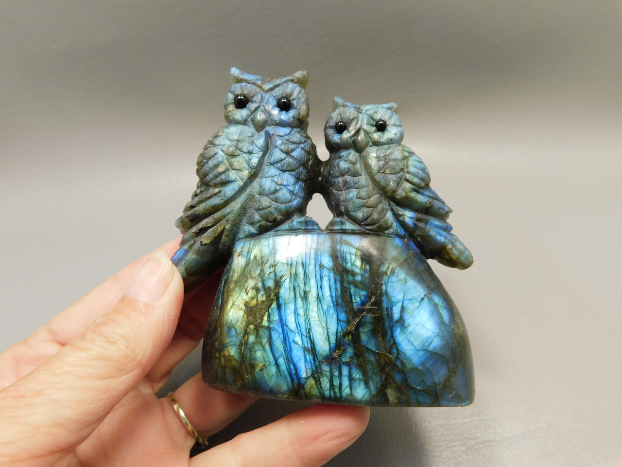 Owl Figurine Labradorite 2 Owls 3.5 inch Animal Carving #O361