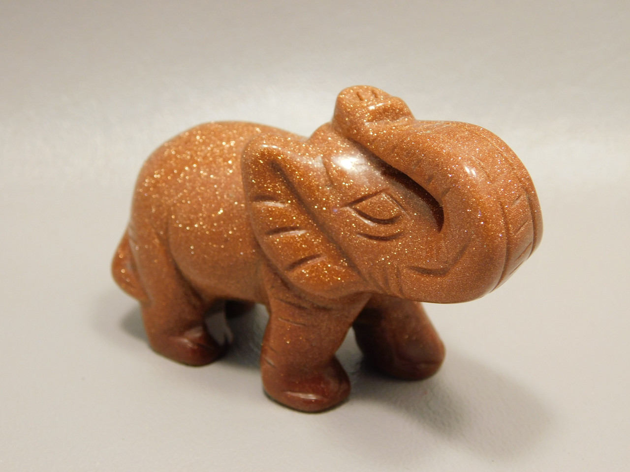 Elephant Figurine Sparkly Goldstone 3 inch Animal Carving Glass