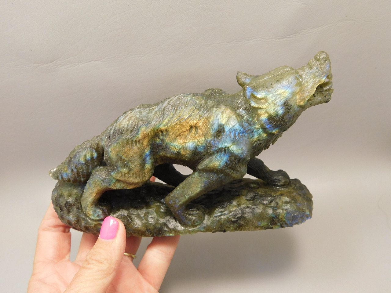 Wolf Figurine Labradorite Stone Animal 6.5 inch Coyote Carving #O492