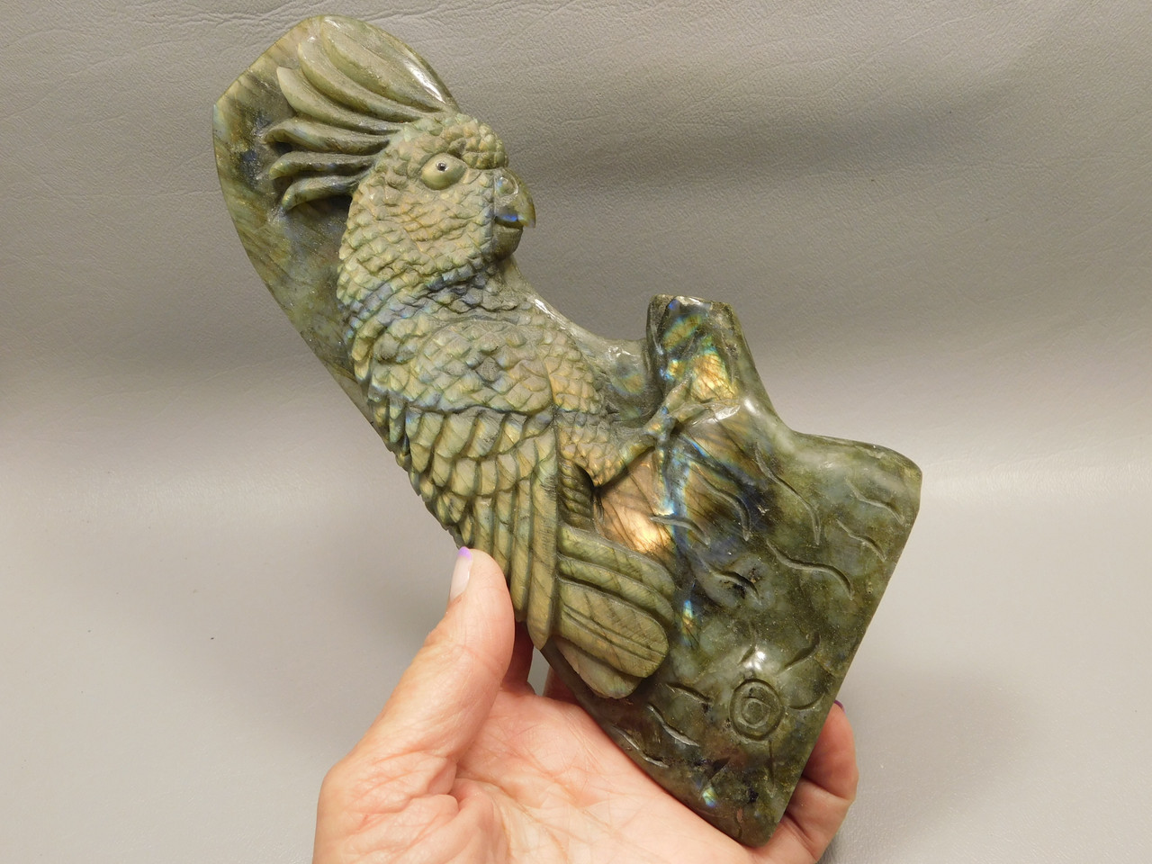 Cockatoo Cockatiel Parrot Bird Labradorite 7 inch Stone Animal Carving #O26
