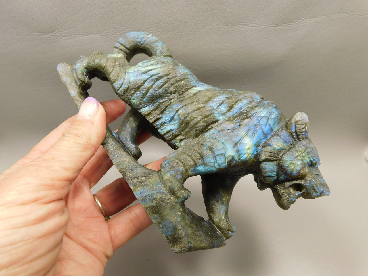 Tiger Figurine Labradorite Gemstone 6.25 inch Animal Carving #O531