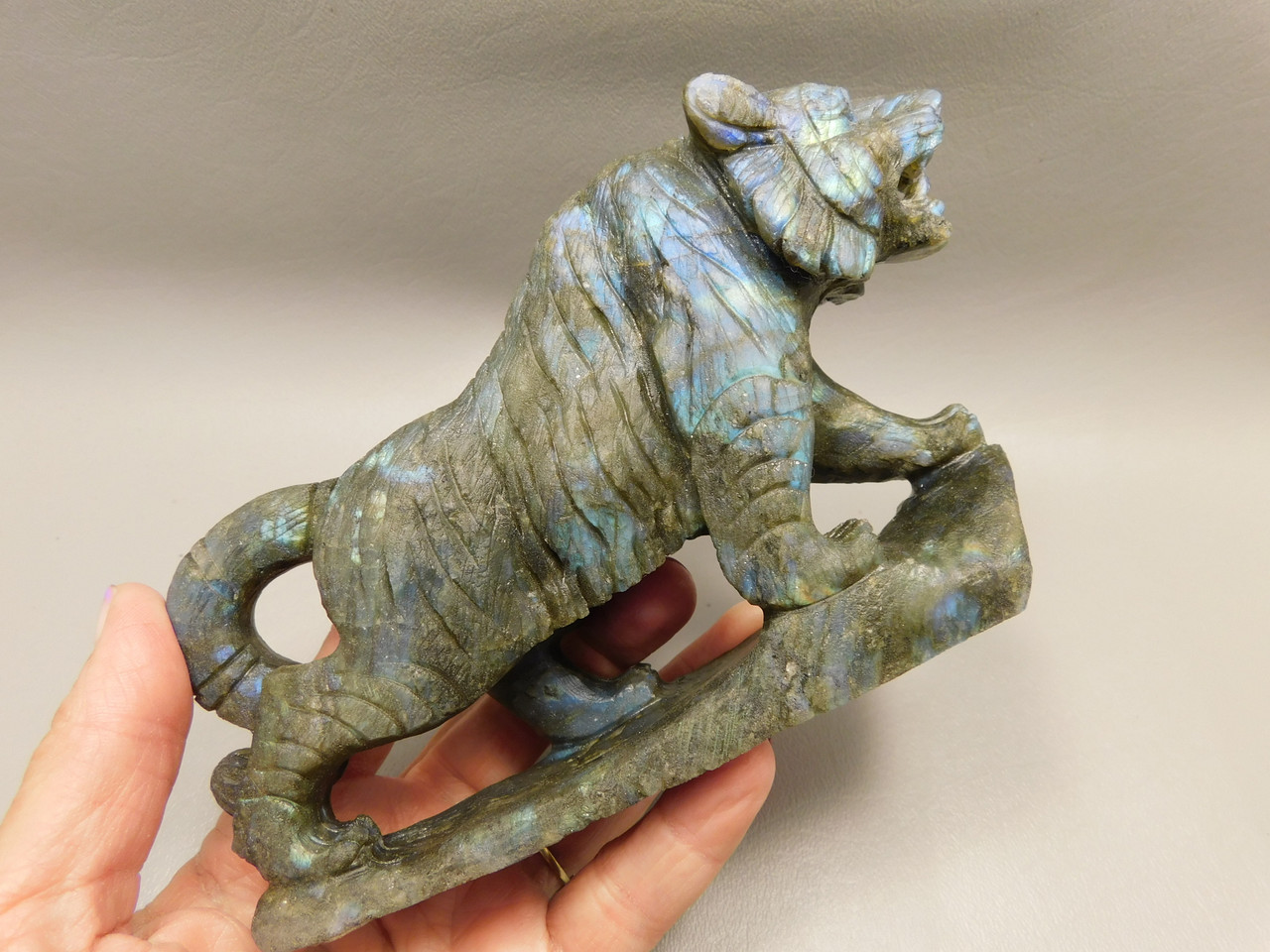 Tiger Figurine Labradorite Gemstone 6.25 inch Animal Carving #O531