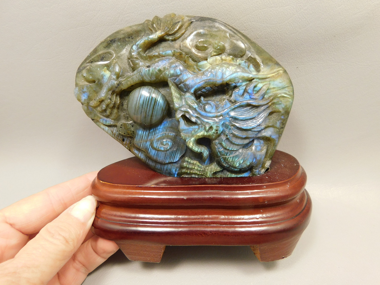 Dragon Labradorite Chinese Decor Hand-Carved Stone Carving #O355