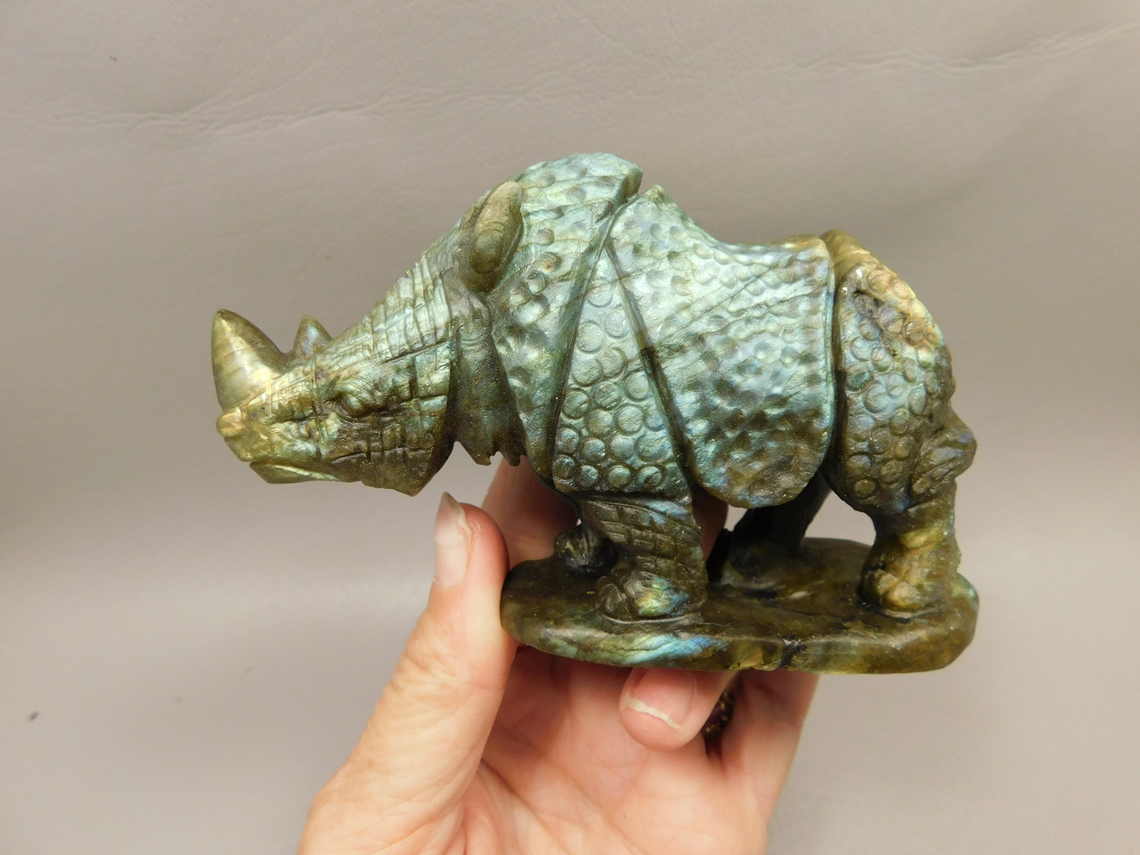 Rhinoceros Figurine Labradorite Hand Carved Stone Animal #O243