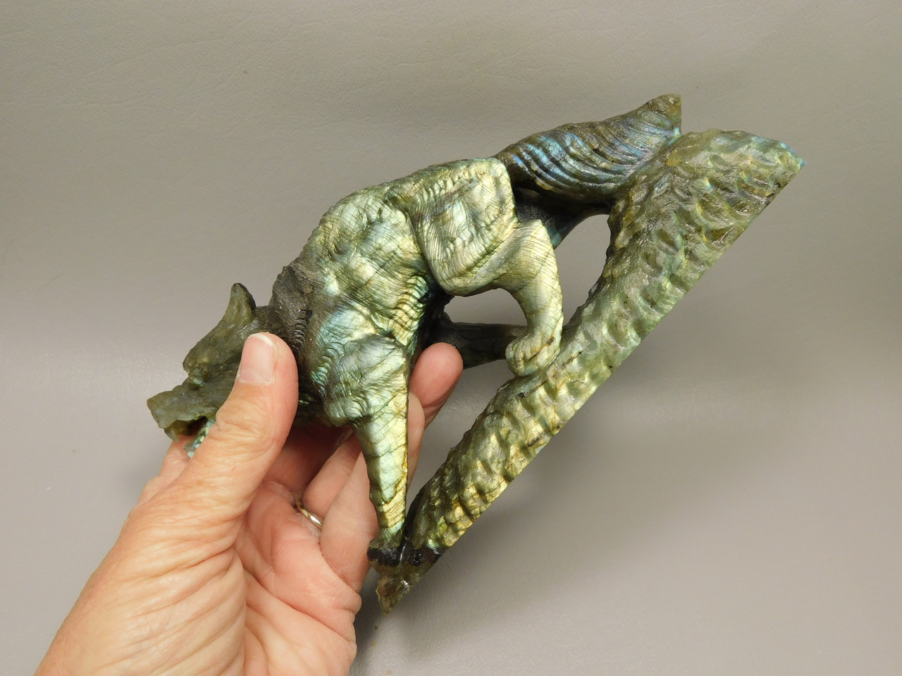 Wolf Figurine Labradorite Stone Animal 7 inch Coyote Carving #O493
