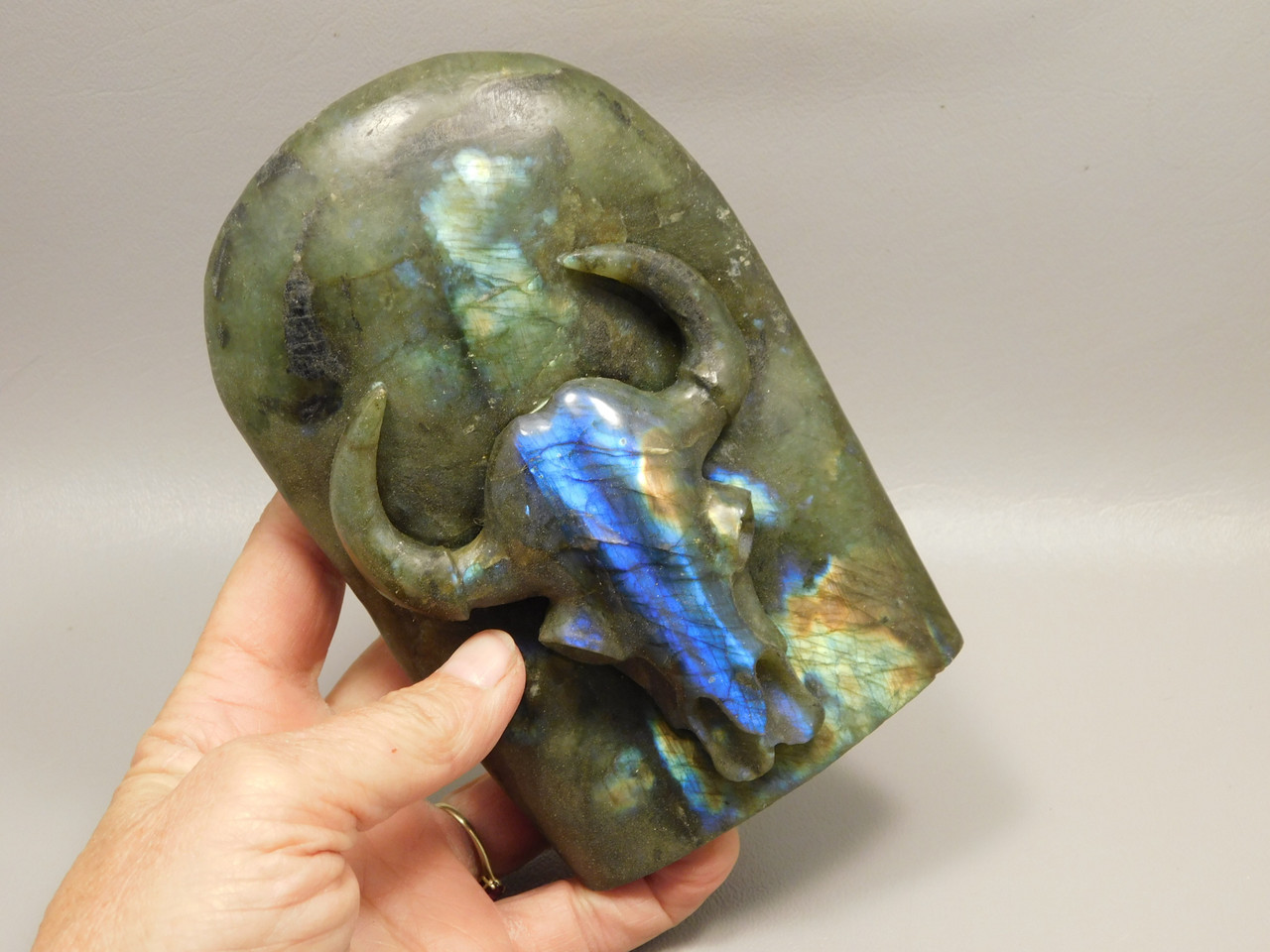 Steer Skull Western Figurine Labradorite Cowboy 5.66 inch Carving #O67