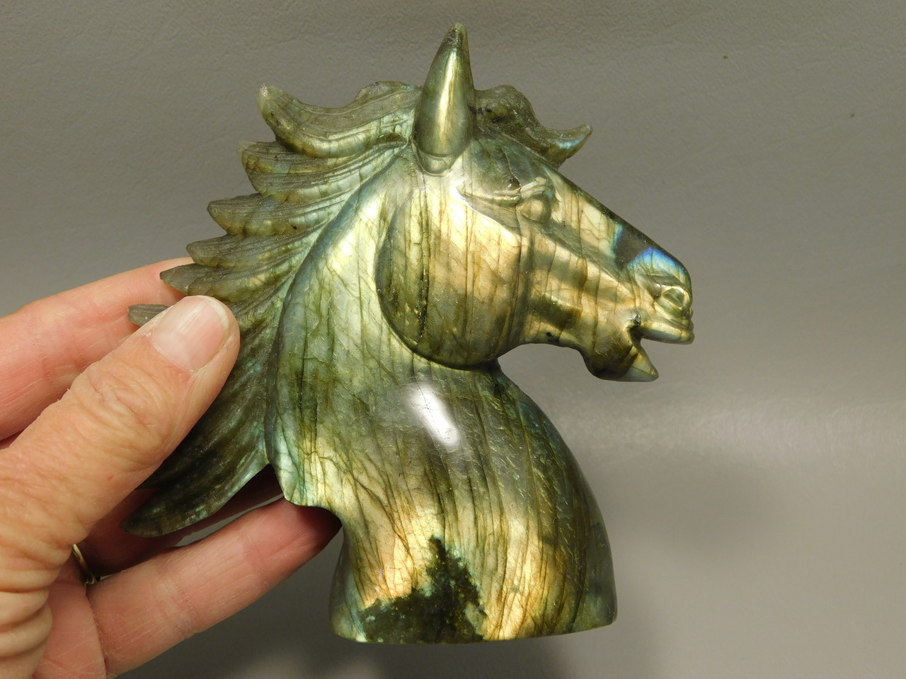Horse Head Figurine Labradorite Stone Animal 4.3 inch Carving #O556