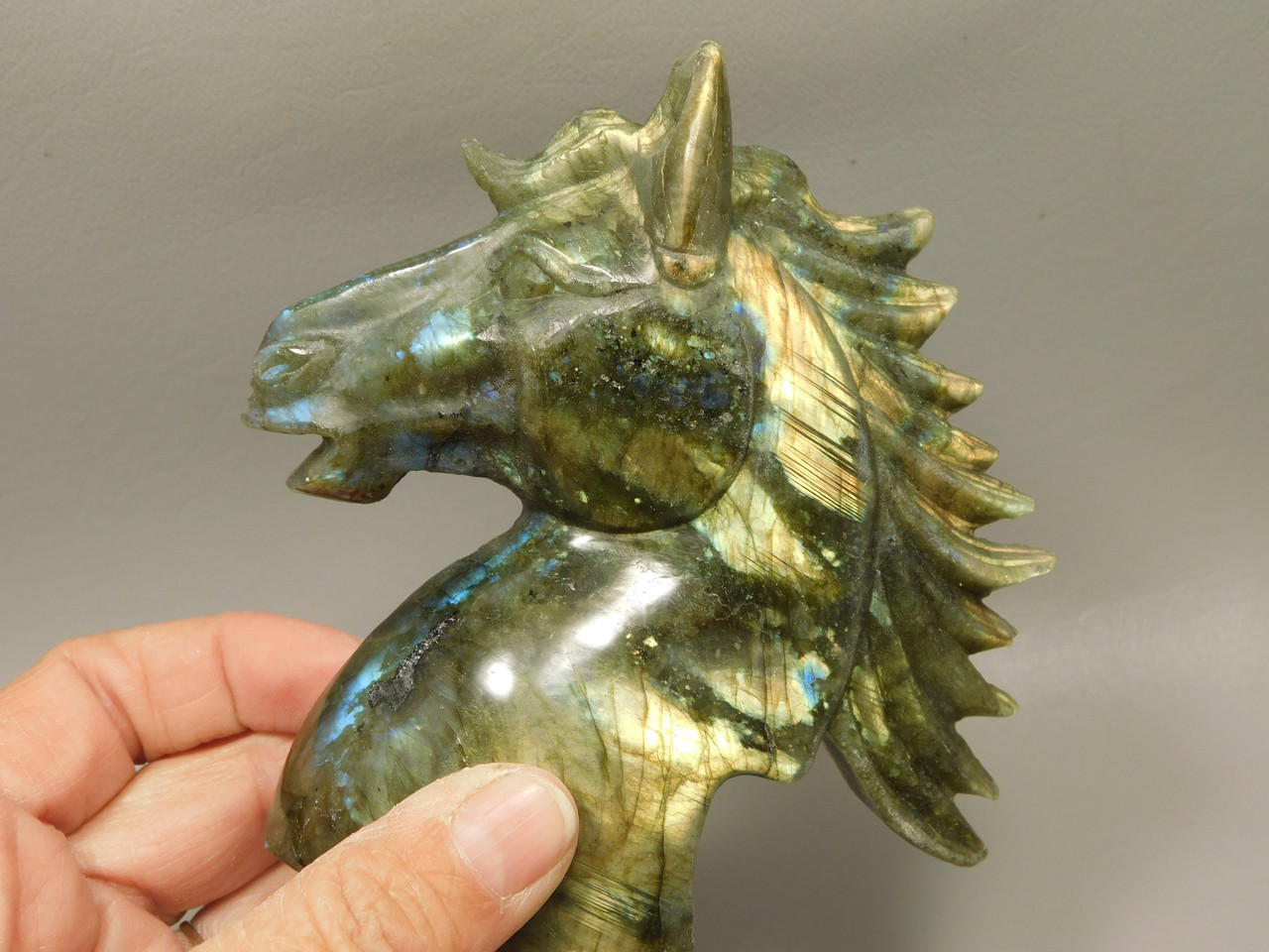 Horse Head Figurine Labradorite Stone Animal 4.3 inch Carving #O556