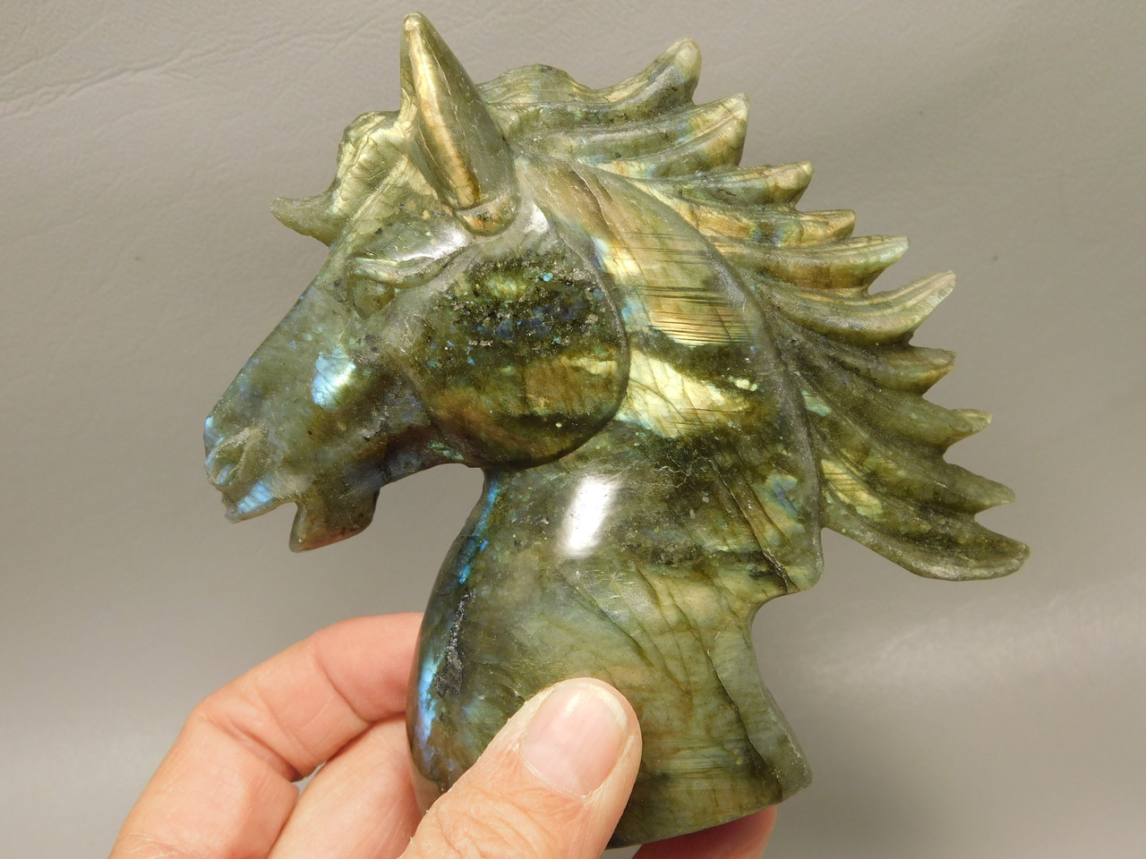 Horse Head Figurine Labradorite Stone Animal 4.3 inch Carving #O556