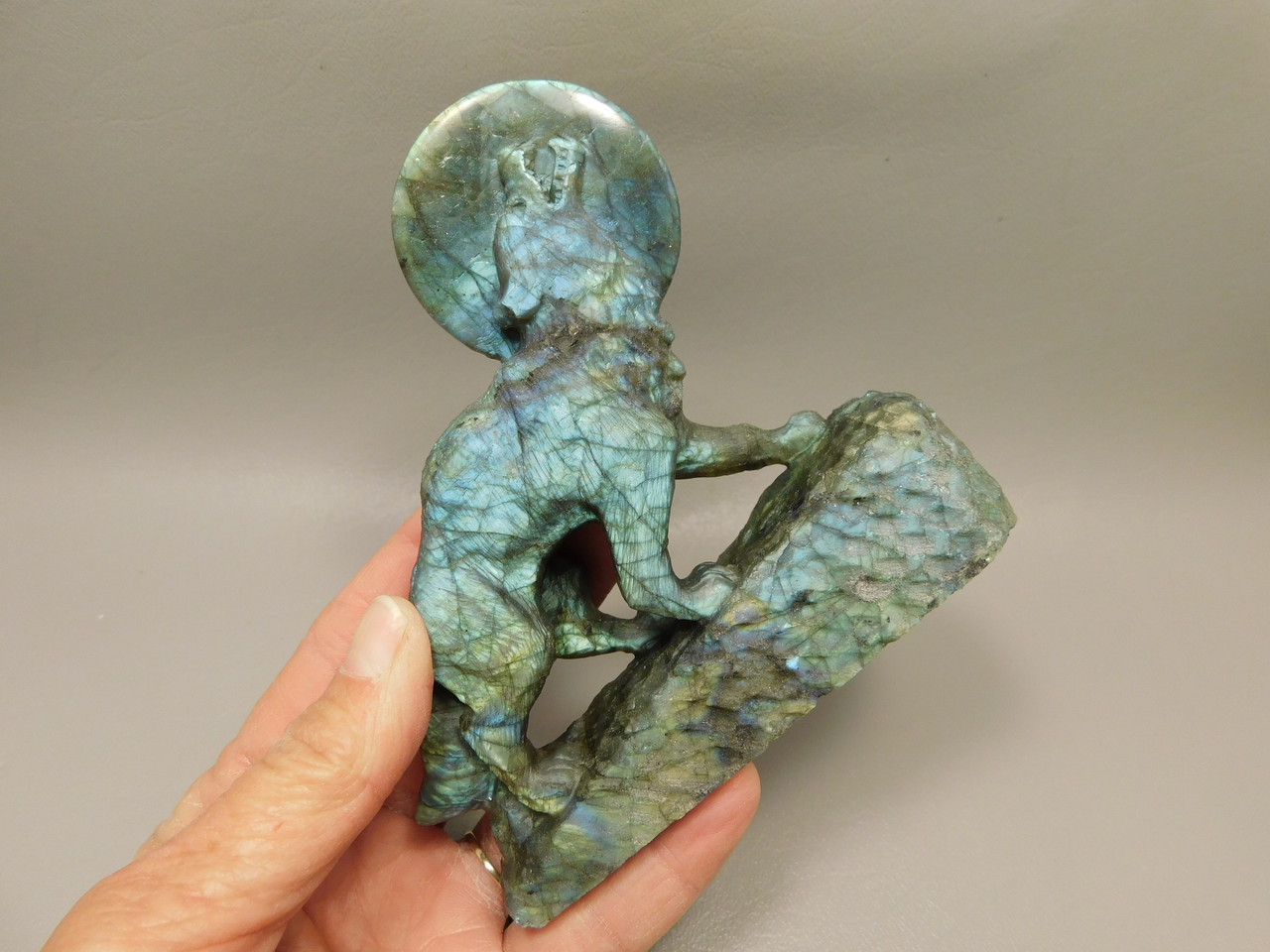 Howling Wolf Moon Figurine Labradorite 4.3 inch Coyote Carving #O308