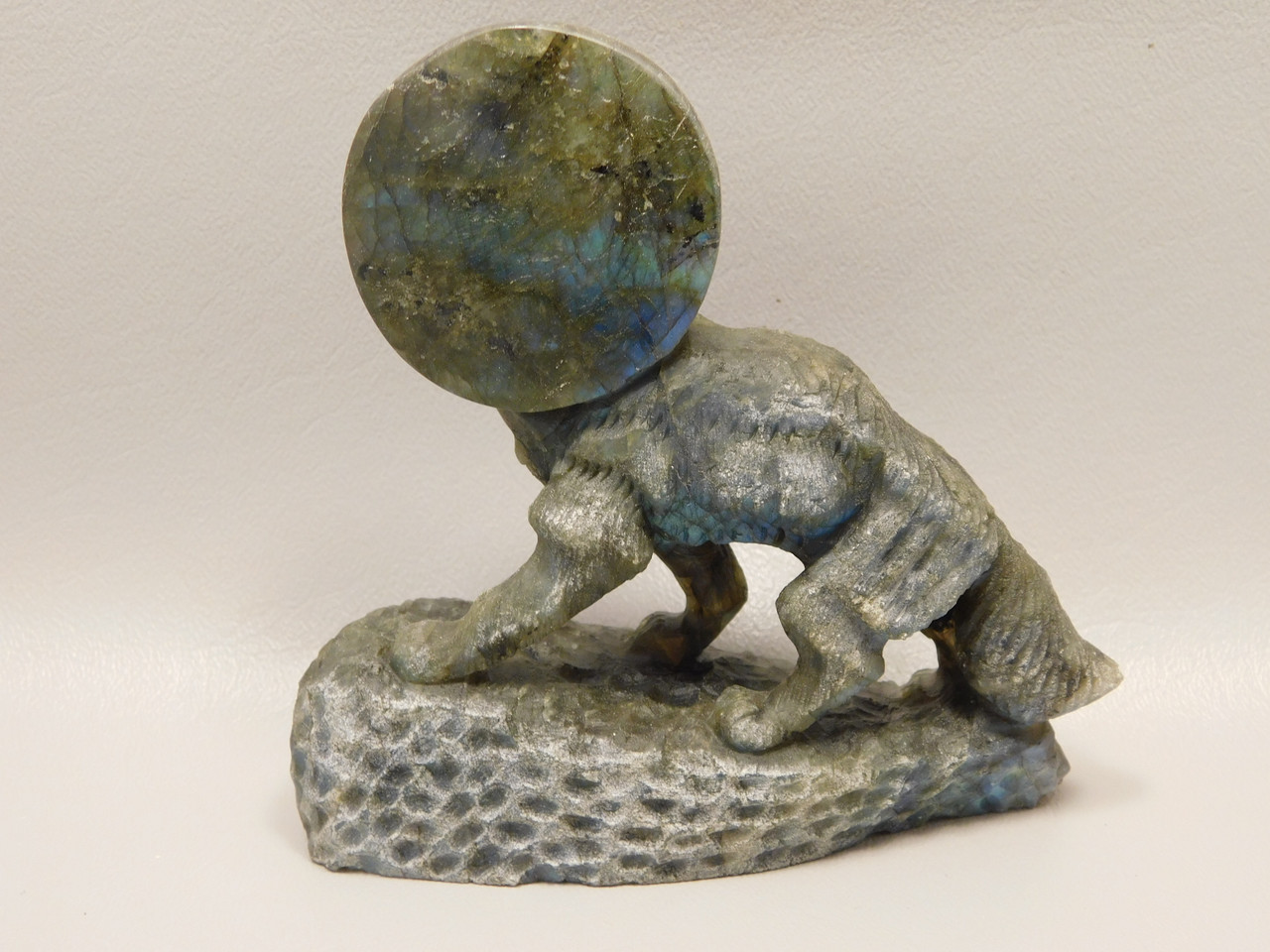 Howling Wolf Moon Figurine Labradorite 4.3 inch Coyote Carving #O308