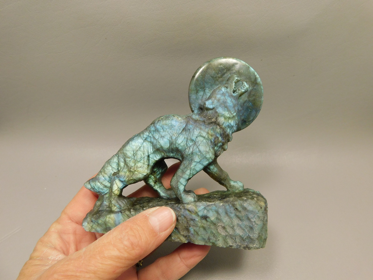 Howling Wolf Moon Figurine Labradorite 4.3 inch Coyote Carving #O308