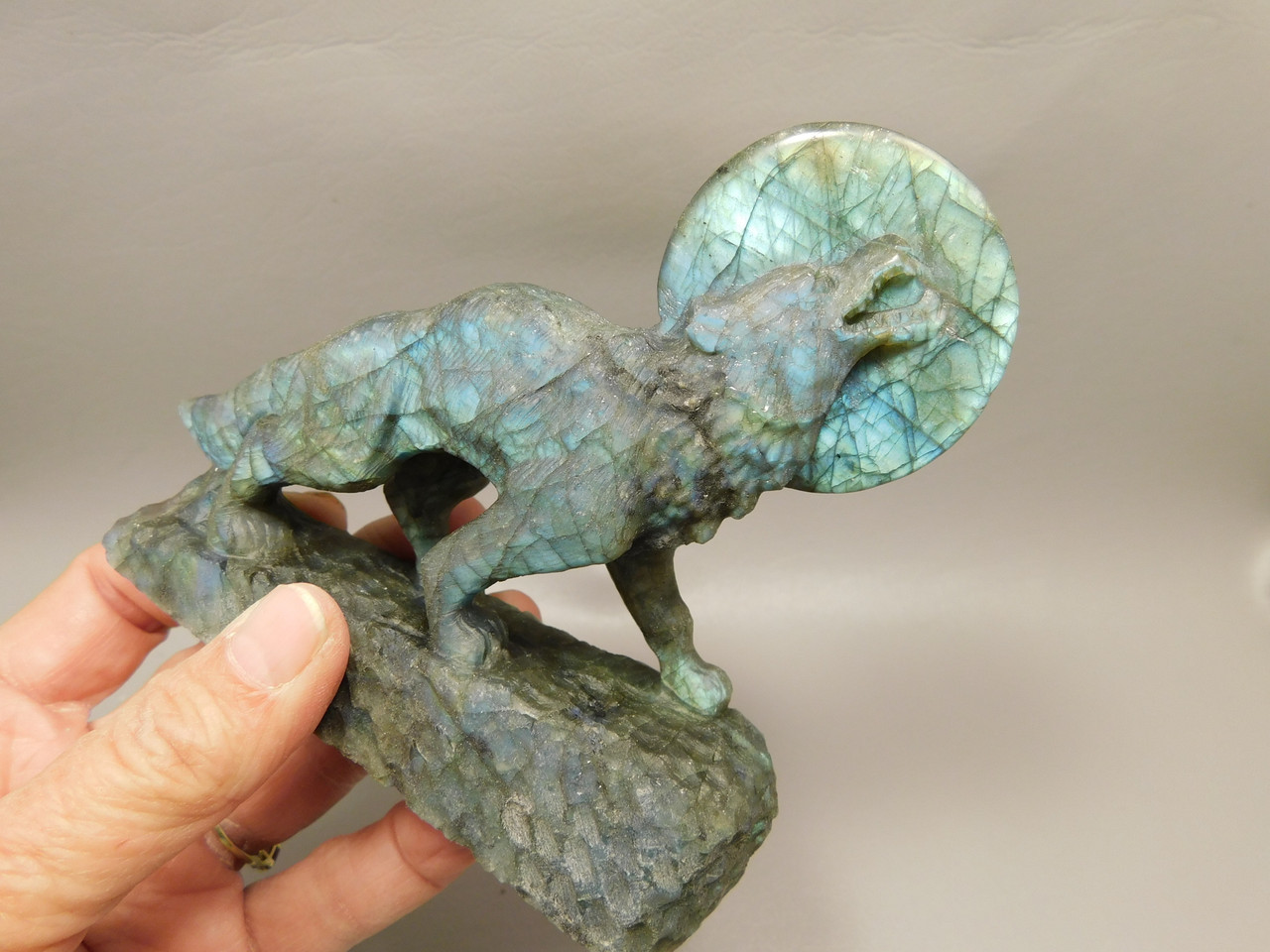 Howling Wolf Moon Figurine Labradorite 4.3 inch Coyote Carving #O308
