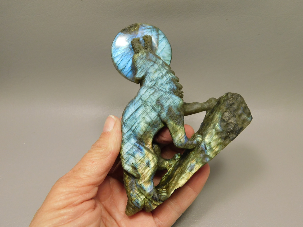 Howling Wolf Moon Figurine Labradorite 4 inch Coyote Carving #O66