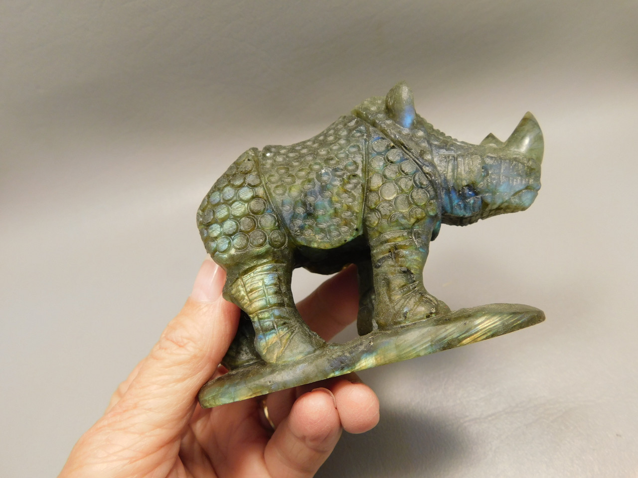 Rhinoceros Figurine Labradorite Hand Carved Stone Animal #O115