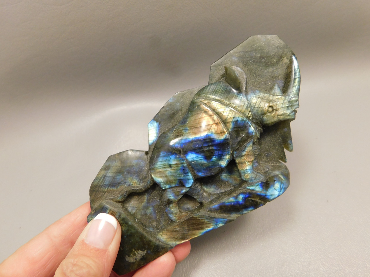Rhinoceros Figurine Labradorite Polished Carved Stone Animal #O27
