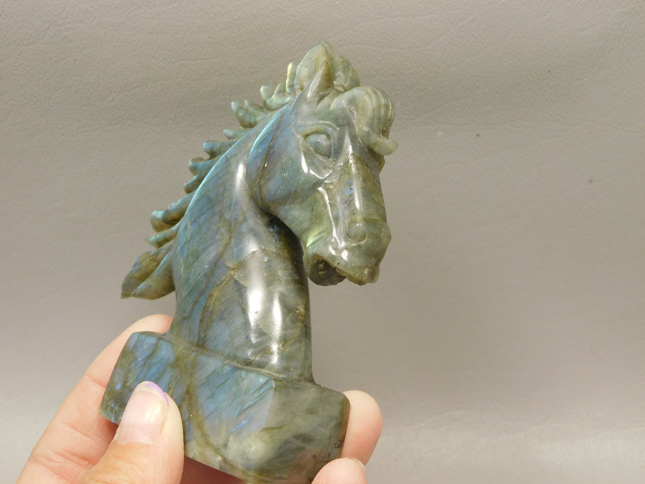 Horse Head Figurine Labradorite Stone Animal 3.9 inch Carving #O220