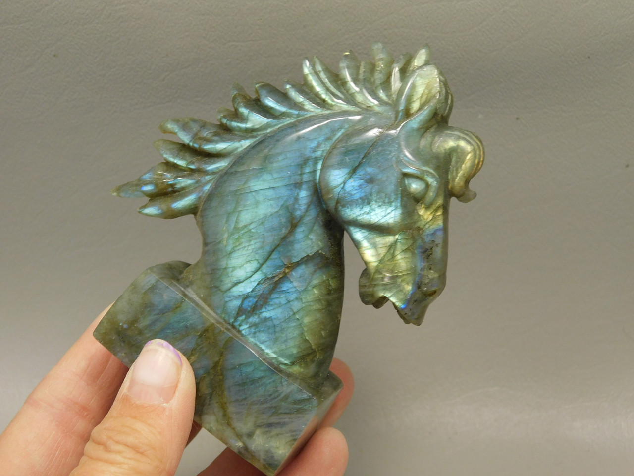 Horse Head Figurine Labradorite Stone Animal 3.9 inch Carving #O220