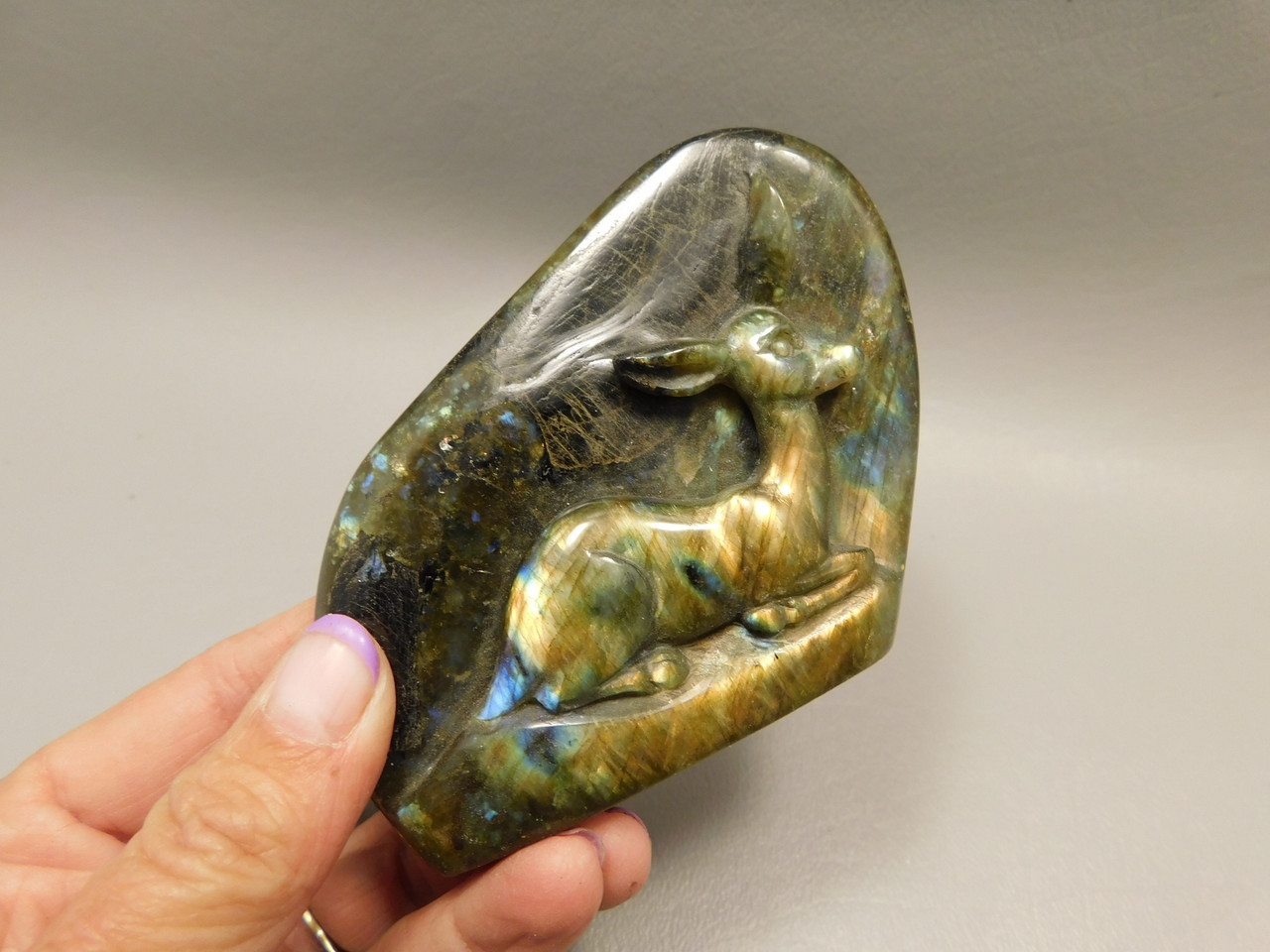 Deer Figurine Gemstone Animal Carving Labradorite #O106