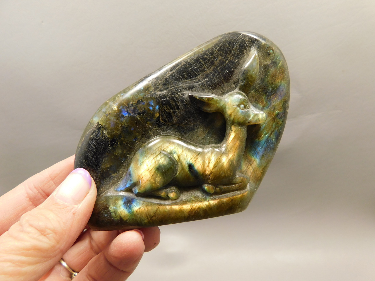 Deer Figurine Gemstone Animal Carving Labradorite #O106