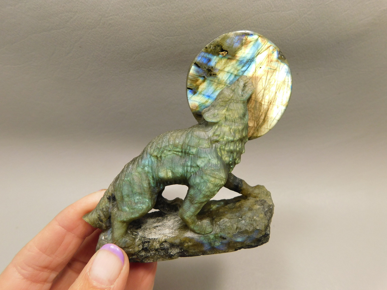 Howling Wolf Moon Figurine Labradorite 3.25 inch Coyote Carving #O01