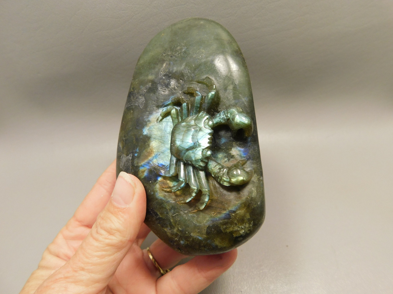 Crab Figurine Labradorite Stone Animal 3.5 inch Carving #O330