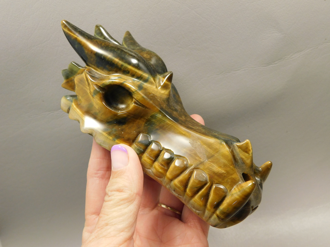 Dragon Head Tiger-Eye Hand-Carved Fantasy Stone Carving #O413