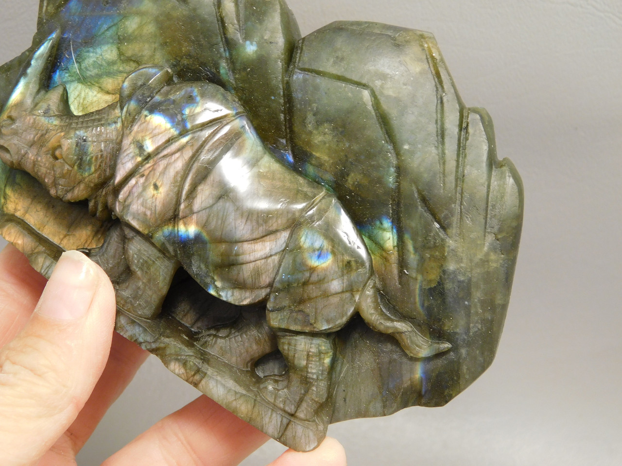 Rhinoceros Figurine Labradorite Hand Carving Stone Animal #O213