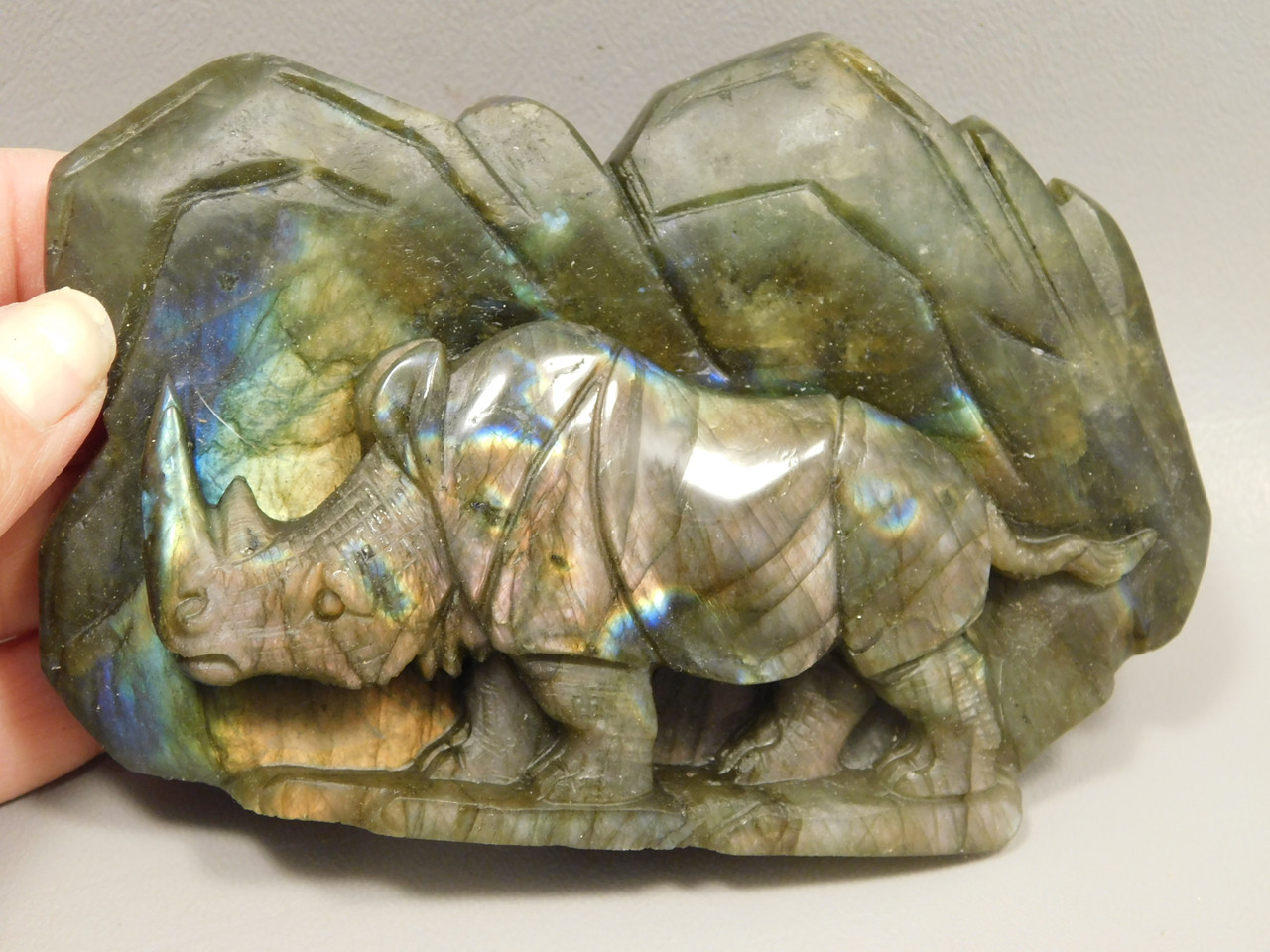Rhinoceros Figurine Labradorite Hand Carving Stone Animal #O213