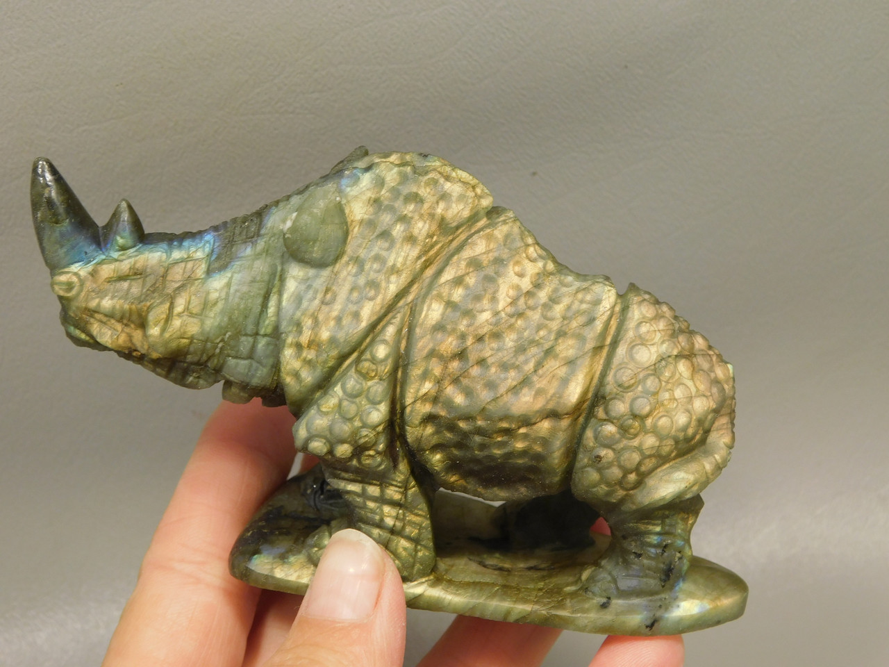 Rhinoceros Figurine Labradorite Hand Carved Stone Animal #O100