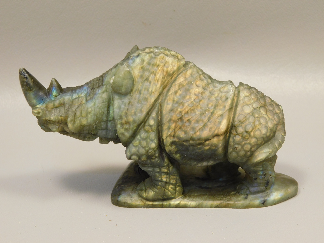 Rhinoceros Figurine Labradorite Hand Carved Stone Animal #O100