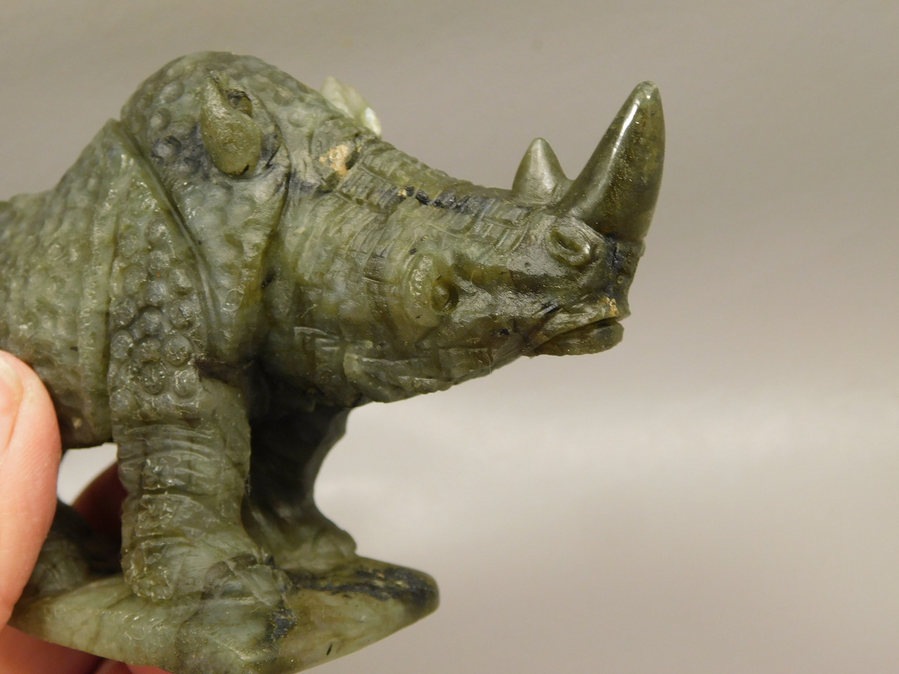 Rhinoceros Figurine Labradorite Hand Carved Stone Animal #O100