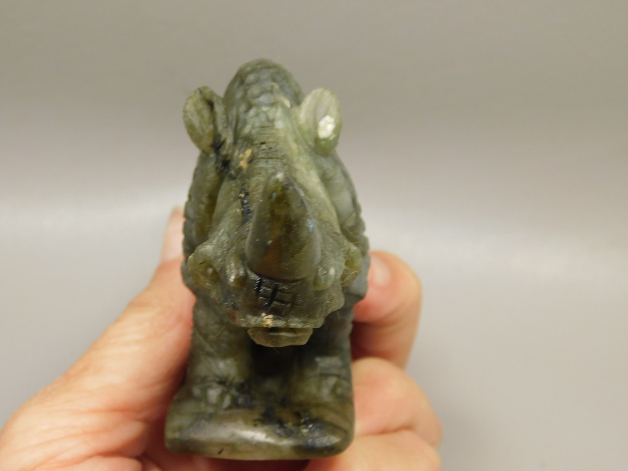Rhinoceros Figurine Labradorite Hand Carved Stone Animal #O100