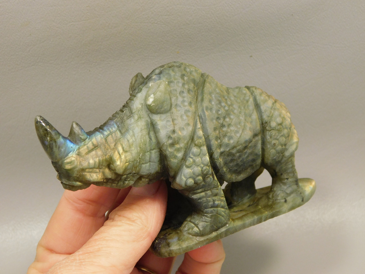 Rhinoceros Figurine Labradorite Hand Carved Stone Animal #O100