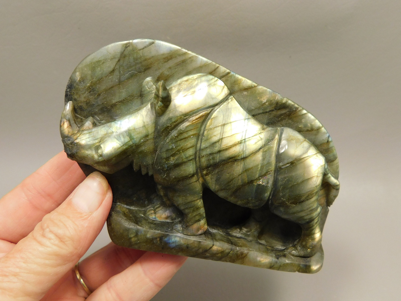 Rhinoceros Figurine Labradorite Hand Carving Stone Animal #O370