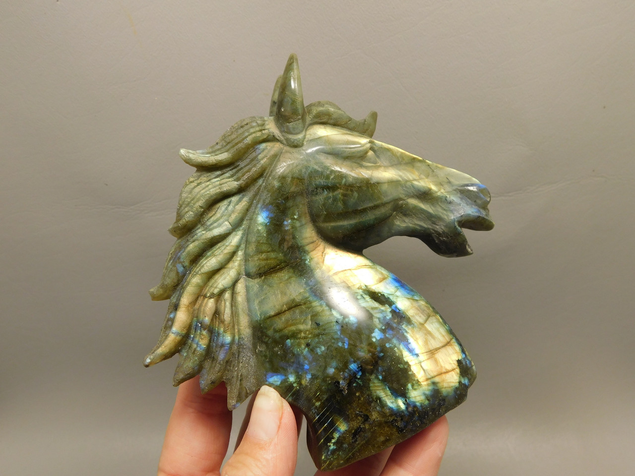 Horse Head Figurine Labradorite Stone Animal 4.5 inch Carving #O555