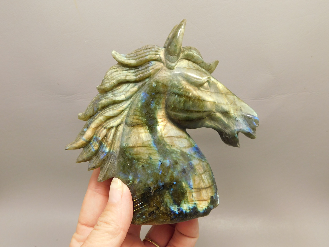 Horse Head Figurine Labradorite Stone Animal 4.5 inch Carving #O555