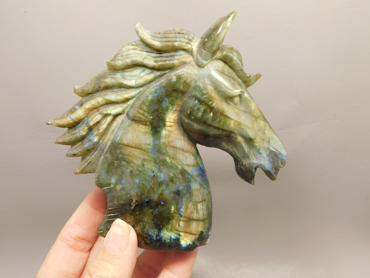 Horse Head Figurine Labradorite Stone Animal 4.5 inch Carving #O555