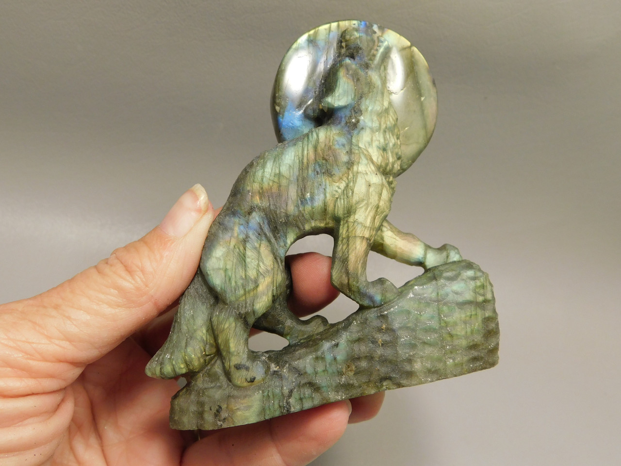 Howling Wolf Moon Figurine Labradorite 3.7 inch Coyote Carving #O302