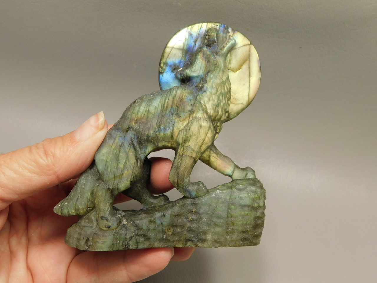 Howling Wolf Moon Figurine Labradorite 3.7 inch Coyote Carving #O302