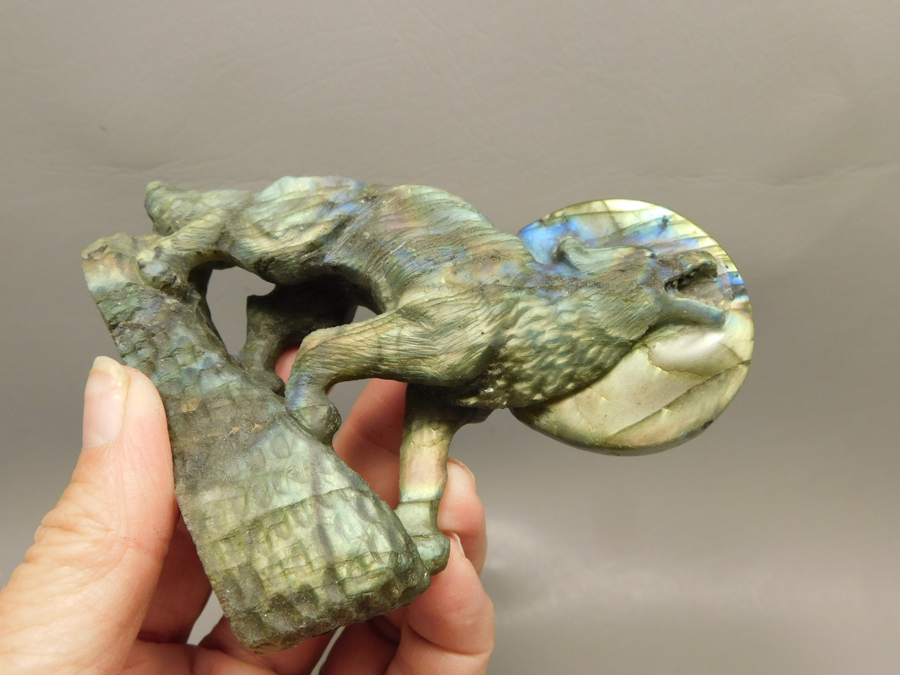 Howling Wolf Moon Figurine Labradorite 3.7 inch Coyote Carving #O302
