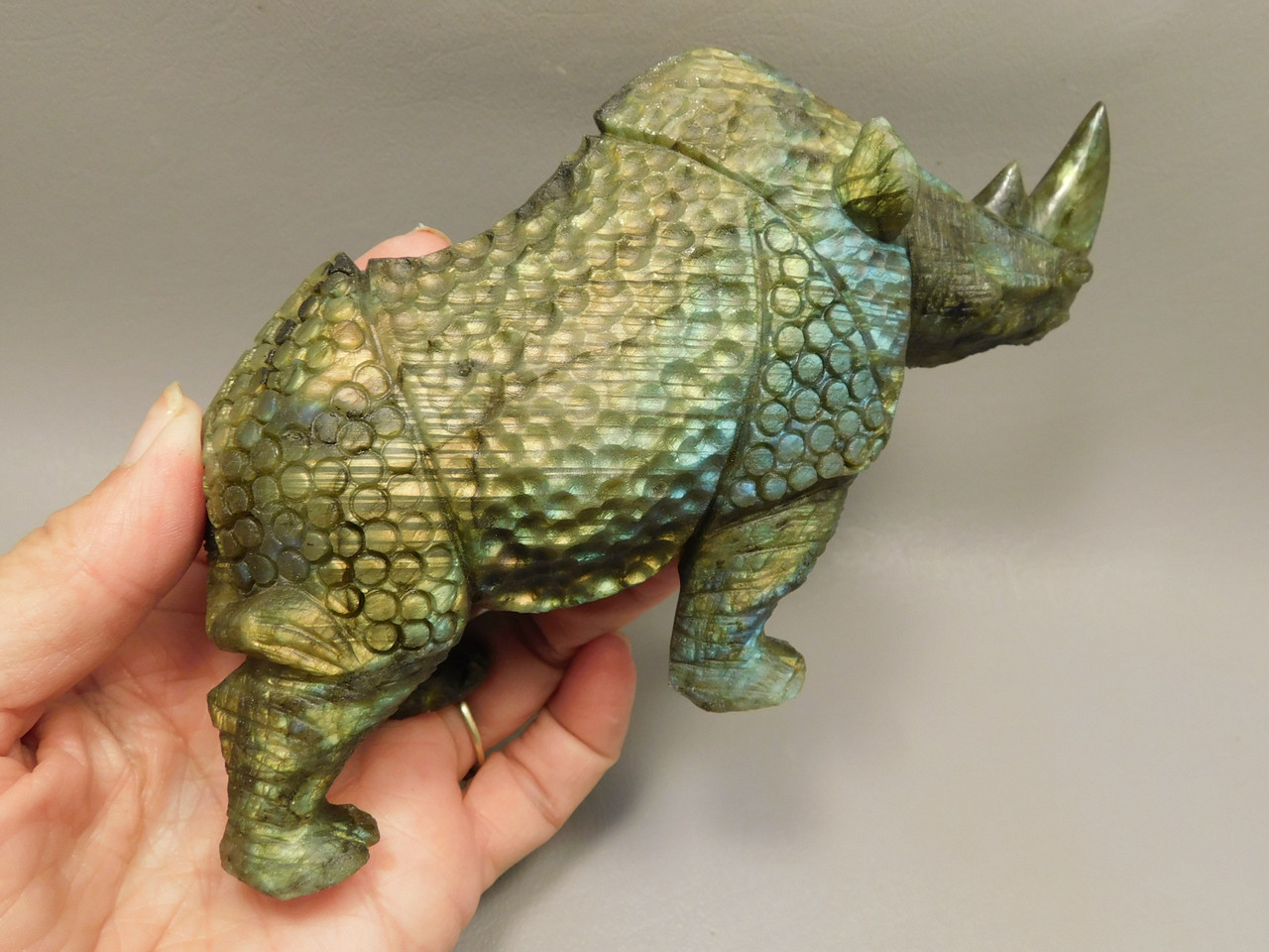 Rhinoceros Figurine Labradorite Hand Carved Stone 6.25 inch #O130