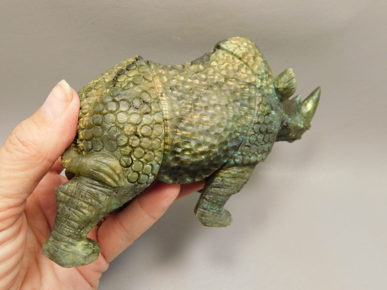 Rhinoceros Figurine Labradorite Hand Carved Stone 6.25 inch #O130