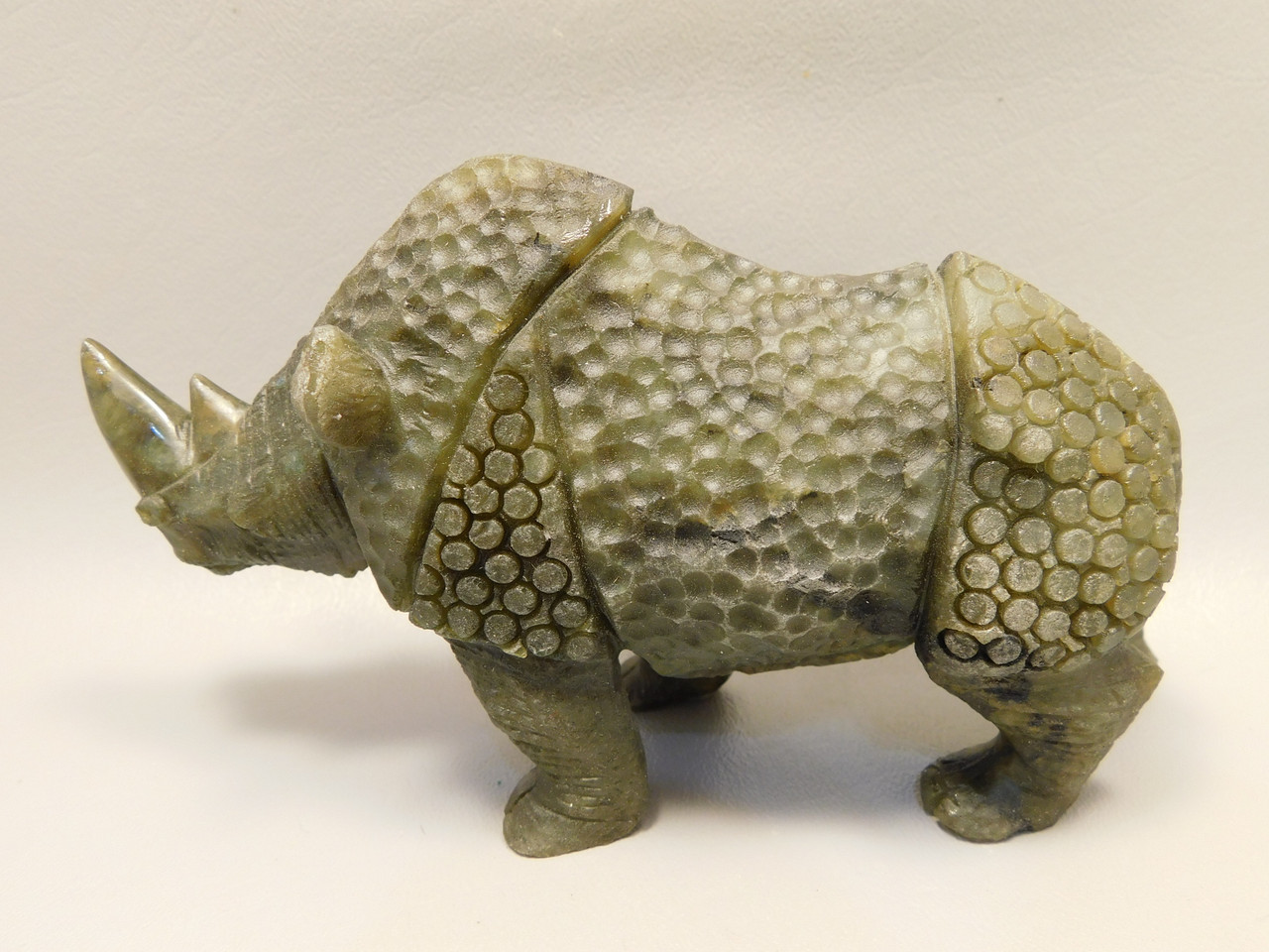 Rhinoceros Figurine Labradorite Hand Carved Stone 6.25 inch #O130