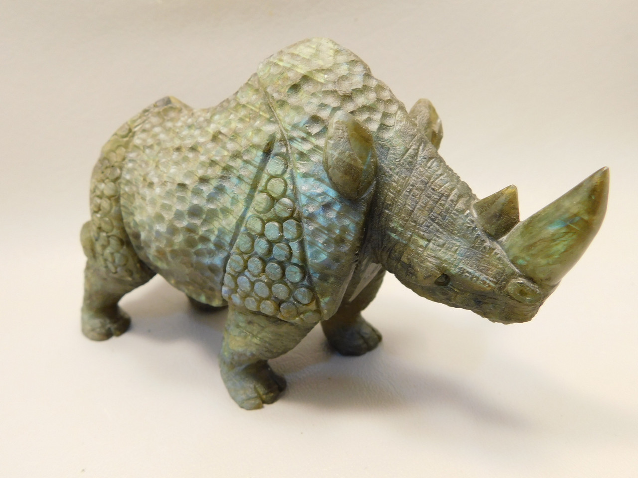 Rhinoceros Figurine Labradorite Hand Carved Stone 6.25 inch #O130