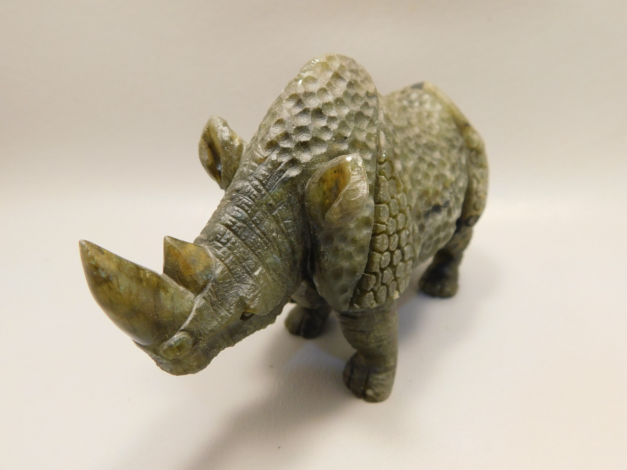 Rhinoceros Figurine Labradorite Hand Carved Stone 6.25 inch #O130