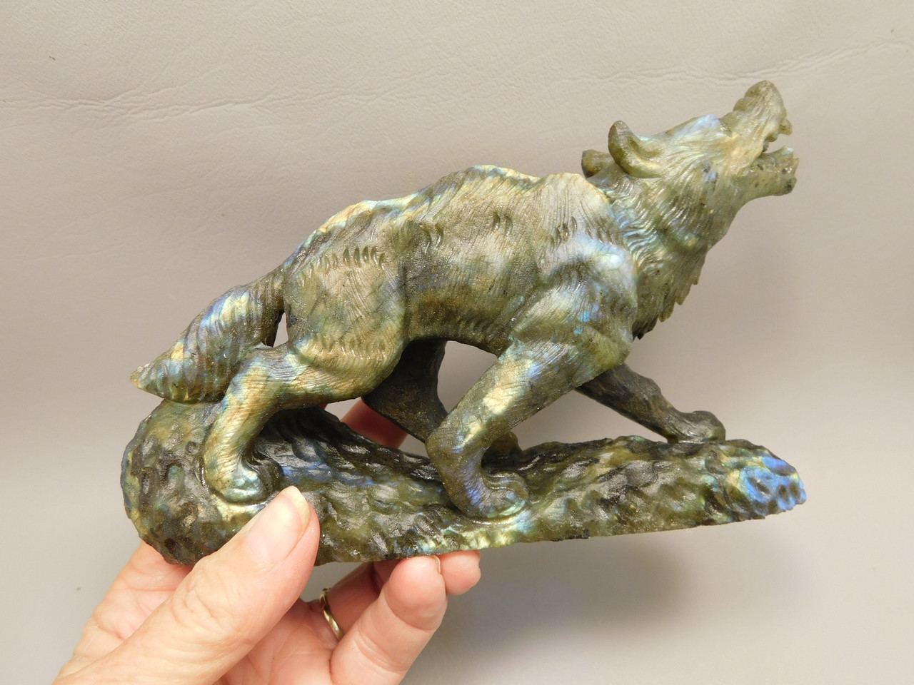 Wolf Figurine Labradorite Stone Animal 7 inch Coyote Carving #O492