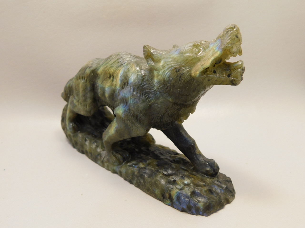 Wolf Figurine Labradorite Stone Animal 7 inch Coyote Carving #O492